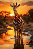 een giraffe foerageert Aan de savanne in Afrika. ai generatief foto