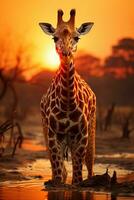 een giraffe foerageert Aan de savanne in Afrika. ai generatief foto