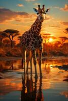 een giraffe foerageert Aan de savanne in Afrika. ai generatief foto