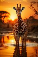 een giraffe foerageert Aan de savanne in Afrika. ai generatief foto