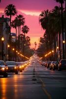 straat in een roze licht, zonsondergang, filmisch, fotoshoot. ai generatief foto