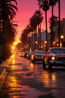 straat in een roze licht, zonsondergang, filmisch, fotoshoot. ai generatief foto