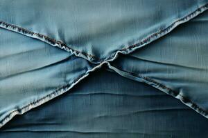 blauw denim achtergrond met een naad. licht blauw kleur denim jeans kleding stof textuur. kopiëren ruimte voor tekst. ai generatief foto