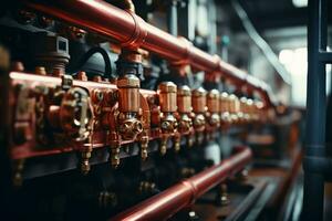 loodgieter onderhoud. koper pijpleiding van een verwarming systeem in boiler kamer. ai generatief foto