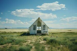 groen veld, helder, realistisch, kort gras, wit tent, ver weg. ai generatief foto