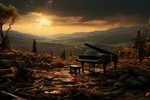 piano behang in de veld- in de avond. ai generatief foto