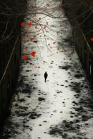 surrealistische minimalisme antenne visie, top visie op zoek naar beneden Bij een Mens in zwart wandelen in de sneeuw met een beetje van rood verf achteraan achter hem. ai generatief foto