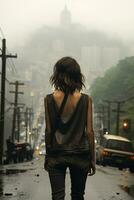 video van meisje staand alleen in stad straat met terug visie. ai generatief foto