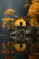 een geel huis Bij de rand van de Deens fjord. ai generatief foto