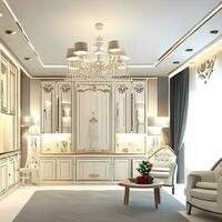 mooi appartement slaapkamer interieur met comfortabel fauteuil en elegant versierd Almirah ai generatief foto