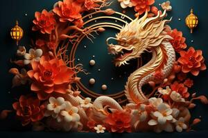 gouden draak met bloemen en Chinese lantaarn . draak is een symbool van de nieuw jaar 2024. Chinese nieuw jaar foto