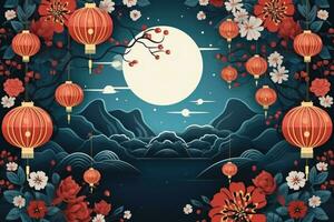Chinese lantaarns tegen de achtergrond van de maan. vlak stijl . Chinese nieuw jaar foto