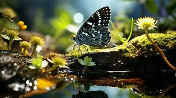 vlinder in een stroom in de buurt groen planten in de meer gegenereerd door ai foto