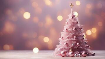 ai gegenereerd roze Kerstmis boom met snuisterij hangende Aan de Kerstmis boom met sprankelend licht plek. foto