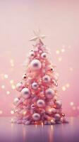 ai gegenereerd roze Kerstmis boom met snuisterij hangende Aan de Kerstmis boom met sprankelend licht plek. foto