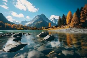 mooi herfst berg natuur meer met blauw lucht. generatief ai. foto