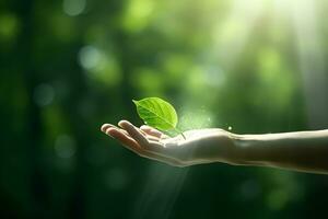 menselijk hand- Aan groen natuur achtergrond met bokeh en zonlicht. generatief ai. foto
