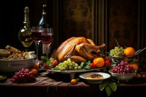 traditie van een dankzegging feest scherpstellen Aan een prachtig reeks dining tafel met kalkoen foto