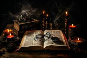 oud boek met magie spreuken kaarsen en pentagram Aan heks tafel.generatief ai foto