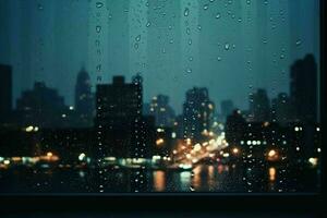 nevelig nacht venster met regen druppels wazig achtergrond.generatief ai foto
