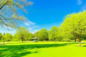 mooi landschap park met bomen en zon. kleurrijk gebladerte in de park. pro foto