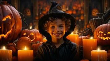 portret van een jong jongen glimlachen in een sfeervol halloween instelling verlichte door brandend kaarsen. foto