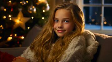 mooi jong blond meisje glimlach in bed in een knus kamer versierd met nieuw jaar decoraties en een Kerstmis boom. foto