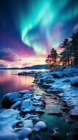 Aurora borealis over- met sneeuw bedekt landschap foto