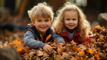 aanbiddelijk kinderen spelen in aambeien van herfst bladeren foto