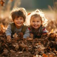 aanbiddelijk kinderen spelen in aambeien van herfst bladeren foto