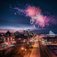 spectaculair vuurwerk Scherm over- downtown gebouwen foto