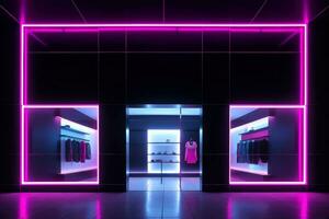 luxe en modieus merk nieuw interieur van kleding op te slaan met neon donker achtergrond, reclame van zwart vrijdag goedkoop kleren, generatief ai illustratie foto