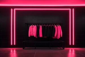 luxe en modieus merk nieuw interieur van kleding op te slaan met neon donker achtergrond, reclame van zwart vrijdag goedkoop kleren, generatief ai illustratie foto