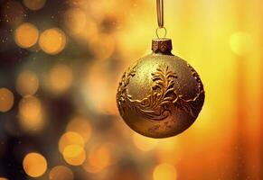 gouden bal hangende van een Kerstmis boom, Kerstmis decoratie, gouden details. generatief ai foto