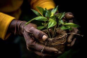 hand- van een arbeider Holding een plant, cultuur concept, digitaal illustratie. generatief ai foto