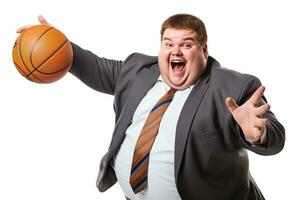 enthousiast dik manager gooien een basketbal geïsoleerd Aan een wit achtergrond foto