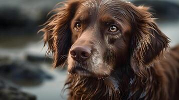 dichtbij omhoog portret van bruin nova scotia eend tolheffing terughalen hond krijgen nat na spelen in de water. ai gegenereerd foto