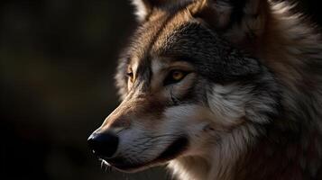 dichtbij omhoog van Wolf hond gezicht op zoek Bij iets Rechtdoor naar voren, met natuur achtergrond. ai gegenereerd foto