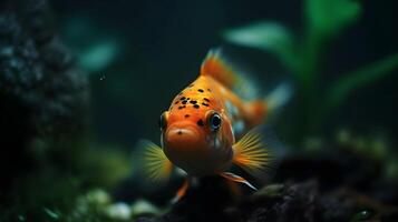 dichtbij omhoog oranje goudvis in natuur aquascape in vers water aquarium. ai gegenereerd. foto