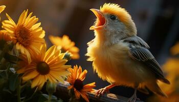 een schattig vogel neerstrijken Aan een tak, omringd door levendig natuur gegenereerd door ai foto