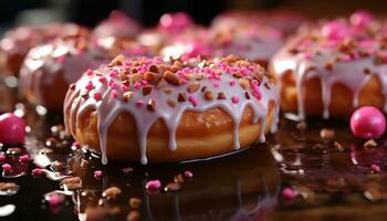 toegeeflijk fijnproever nagerecht, een zoet roze donut met chocola suikerglazuur gegenereerd door ai foto