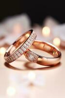 twee bruiloft ringen mannetje en vrouw met diamant Aan bruiloft kaart, bruiloft concept ai gegenereerd foto