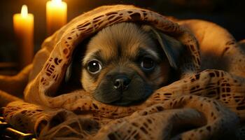 een klein, schattig puppy zittend binnenshuis, op zoek Bij de camera gegenereerd door ai foto