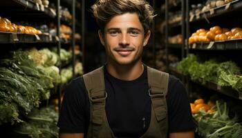 glimlachen Mens kiezen vers biologisch groenten in supermarkt gangpad gegenereerd door ai foto