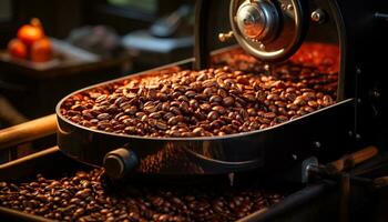 vers grond koffie bonen creëren een rijk, aromatisch cafeïne verslaving gegenereerd door ai foto