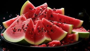 vers watermeloen plak, een sappig en levendig zomer toetje gegenereerd door ai foto