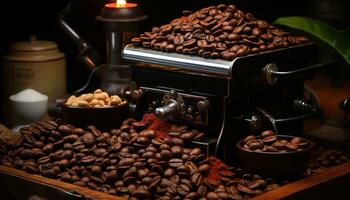 vers grond koffie bonen, aroma vult de lucht in de koffie gegenereerd door ai foto