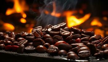 heet koffie Aan een houten tafel, stoom- stijgende lijn, uitnodigend versheid gegenereerd door ai foto