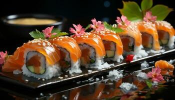 versheid en culturen gerold omhoog Aan een bord van maki sushi gegenereerd door ai foto