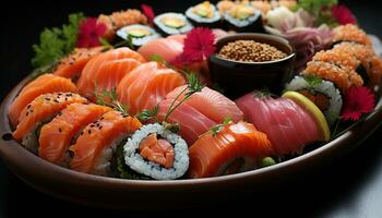 versheid Aan een bord zeevruchten, sashimi, nigiri, maki sushi, tonijn gegenereerd door ai foto